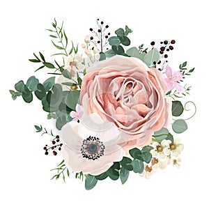 Floral card vector Design: garden flower lavender pink peach Rose white Anemone wax green Eucalyptus thyme leaves elegant greener