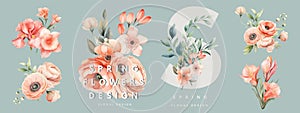 floral cards templates design with bright flowers and leaves