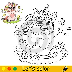 Floral cartoon cute baby unicorn kids coloring book page