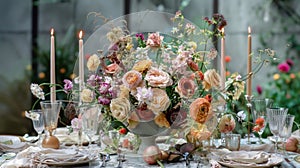 Floral centerpiece on a festive table setting with white dishes and clear glasses