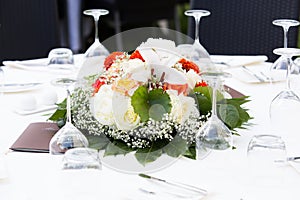 Floral centerpiece on table