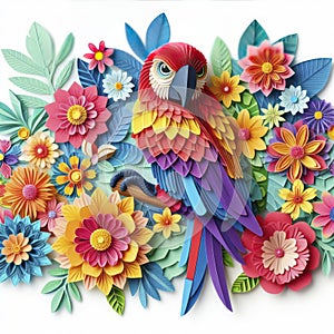 Floral Charm: Kirigami Parrot Flourishes in a Garden of Blooms, White Isolation Adding Artistic Depth