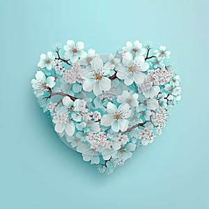 Floral cherry blossom heart on blue. Spring, love, nature concept