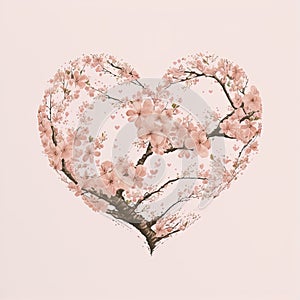 Floral cherry blossom heart on pink. Spring, love, nature concept