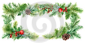 Floral Christmas banner with space for text. Pine branches, ilex, red berries on white background