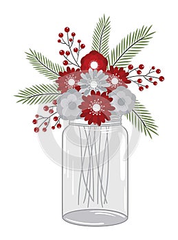 Floral Christmas Bouquet In Mason Jar. Vector Christmas Flowers Bunch in Glass Vase