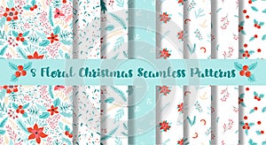 Floral Christmas patterns set Blue red floral winter pattern New Year berry background. Retro style. Vector template