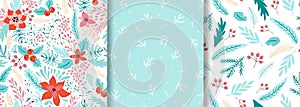 Floral christmas pattern set. Happy New Year seamless patterns. Floral winter vector background. Graphic design.