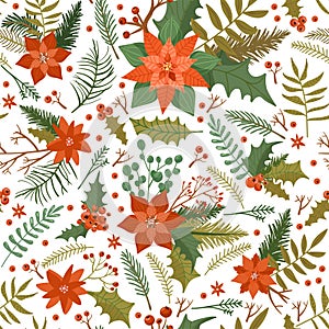 Floral Christmas seamless pattern with flower poinsettia, tree branch, leaves, holly leaves, berry etc.