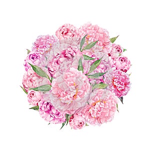 Floral circle background - pink peony flowers. Watercolor