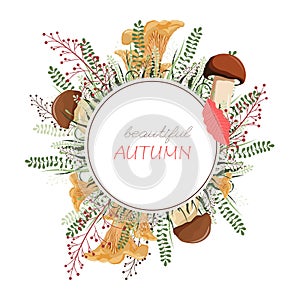 Floral circle background. Raster round autumn illustration with flowers, leaves
