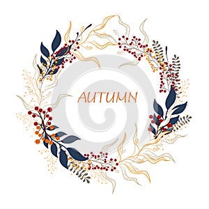 Floral circle background. Round autumn illustration with leaves, herbs and berries.