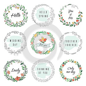 Floral circle doodle frames. Circular laurel wreath, flourish monogram borders, hand drawn botanical shapes. Vector