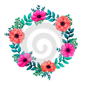 Floral circle frame. Tropical flowers trendy template. Summer Design with beautiful flowers and leaves with copy space