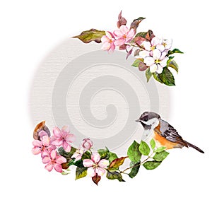 Floral circle pattern - flowers and cute bird for fashion design. Watercolor round border