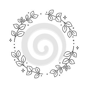 Floral circle wreath with leaves. Plant round frame with tree branch. Minimal line hand drawn doodle illustration. Black