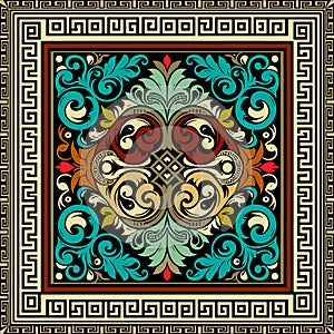 Floral colorful vintage damask seamless pattern with square ancient greek key meanders frames, borders. Ornamental beautiful