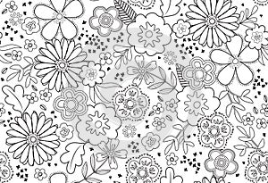 Floral Coloring Book Page Seamless Vector Pattern.