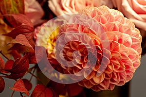 Floral composition of dahlia flowers, roses and autumn leaves.