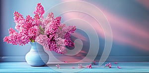 Floral composition featuring a stunning bouquet of pink lilacs in a sleek vase in home. Spring blossom lilac