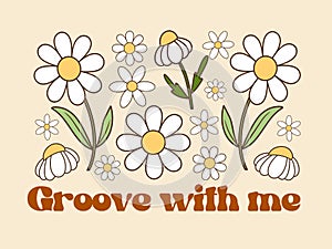 Floral composition of groovy daisy flowers, hippie concept
