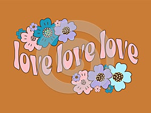 Floral composition of groovy retro flowers, hippie concept, isolated vector illustration