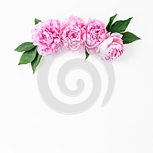 Floral composition of pink peonies flowers and petals on white background. Flat lay, Top view. Valentines day composition