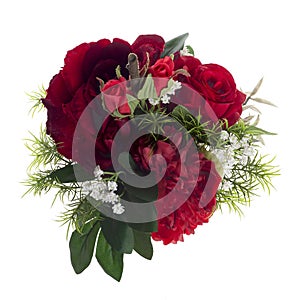 Floral composition with red peonies and roses