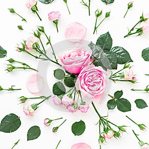 Floral composition with roses flowers, leaves and buds on white background. Flat lay, top view. Flower background