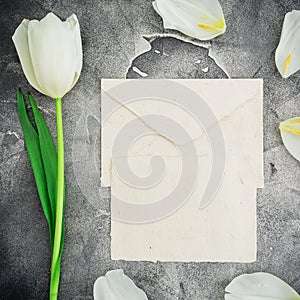 Floral composition with white tulips and paper envelope with card on dark background. Flat lay, top view. Floral pattern backgroun