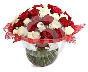 Floral compositions of red and white roses. A large bouquet of mixed colored roses. Design a bouquet of different color roses