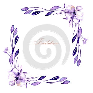 Floral corner border with watercolor rhododendron flowers and branches, hand drawn on a white background, for wedding, birthday an