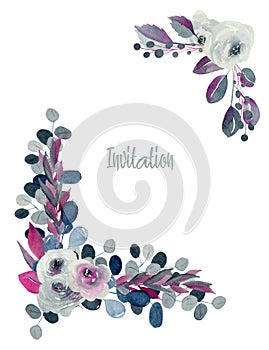 Floral corner borders of watercolor indigo and crimson roses and plants