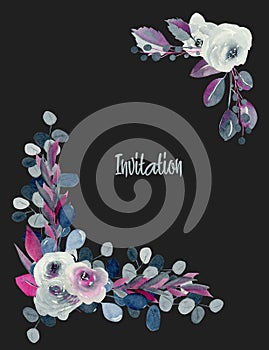 Floral corner borders of watercolor indigo and crimson roses and plants