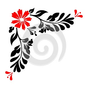 Abstract Floral design. Ornament black Red flowers on white background Decorative border with flowery elements, pattern.