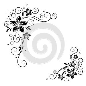 Floral corner design. Ornament black flowers on white background - vector stock. Decorative border with flowery elements