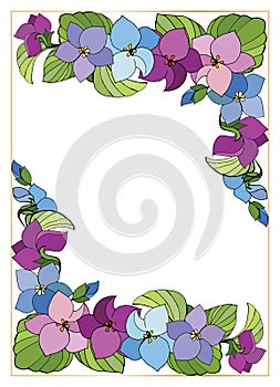 Floral corner frame made of forest violet flowers. Vintage background template.