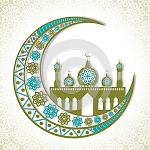 Floral crescent moon and mosque for Eid Mubarak.