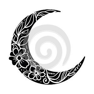 Floral crescent moon , Ramadan clipart, hand drawn vector illustration