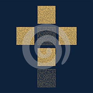 Floral cross. Vector floral decoration made from square and hand draw swirl leaf shapes. Simple decorative gold and dark blue