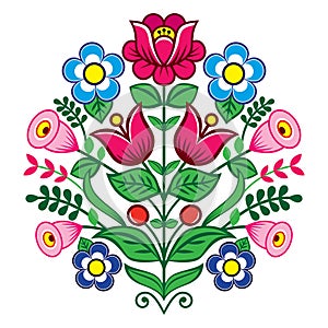 Floral cute vector pattern from Poland, folk art vector design, Zalipie decorative pattern with roses and leaves - greeting card,