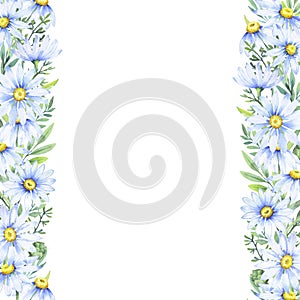 Floral daisy border, watercolor illustration. White daisy. Floral botanical flower. Frame border ornament