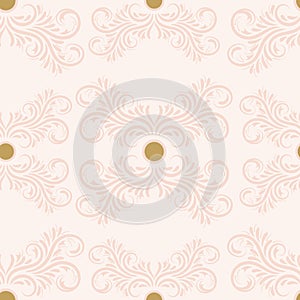 Floral damask ornament on beige background. Bright seamless pattern with flowers, curls, leaves.