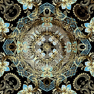 Floral Damask seamless pattern. Vector vintage background. Repeat blue flowers backdrop. Modern gold ornament in Baroque