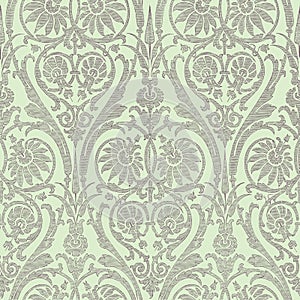 Floral Damask seamless pattern. Vintage filigree background, repeating outline grey flowers foliage. Victorian fashion decor.