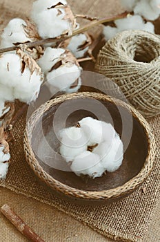 Floral decor with dry cotton flower in vintage wooden bowl photo