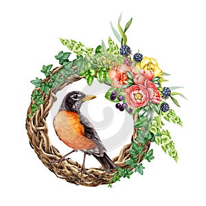 Floral decor wreath with bird. Watercolor vintage style painted illustration. Hand drawn rustic decoration. Vine twisted