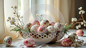 Floral decorated easter eggs in ceramic bowl with spring flowers on sunlit table