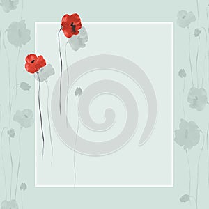 Floral decoration. Birthday card. Blossoming red and gray flowers of poppies on a green background. Watercolor