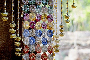 Floral decoration in buddhist temple. Cambodian temple internal floral decor. Buddhism festival decoration.